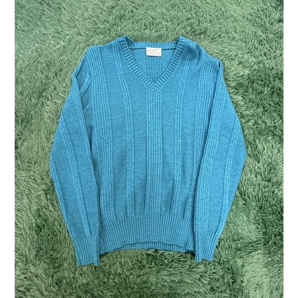 Vintage ClipperMist Men's M Blue Teal V-Neck Ribbed Knit Sweater Made in USA
